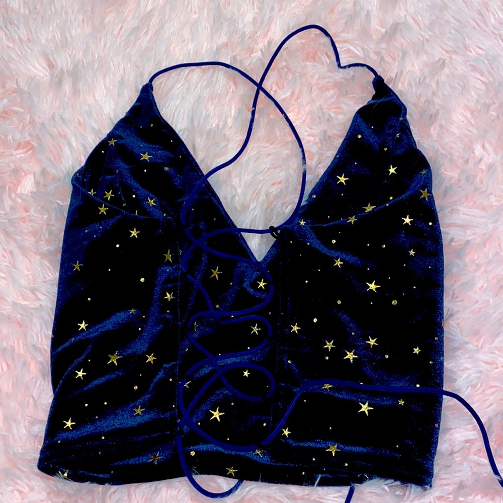 Navy blue crop top with gold stars lace back